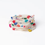 Sage Multi-Color Flower Beaded 10 Strand Stretch Bracelets Ivory Stack