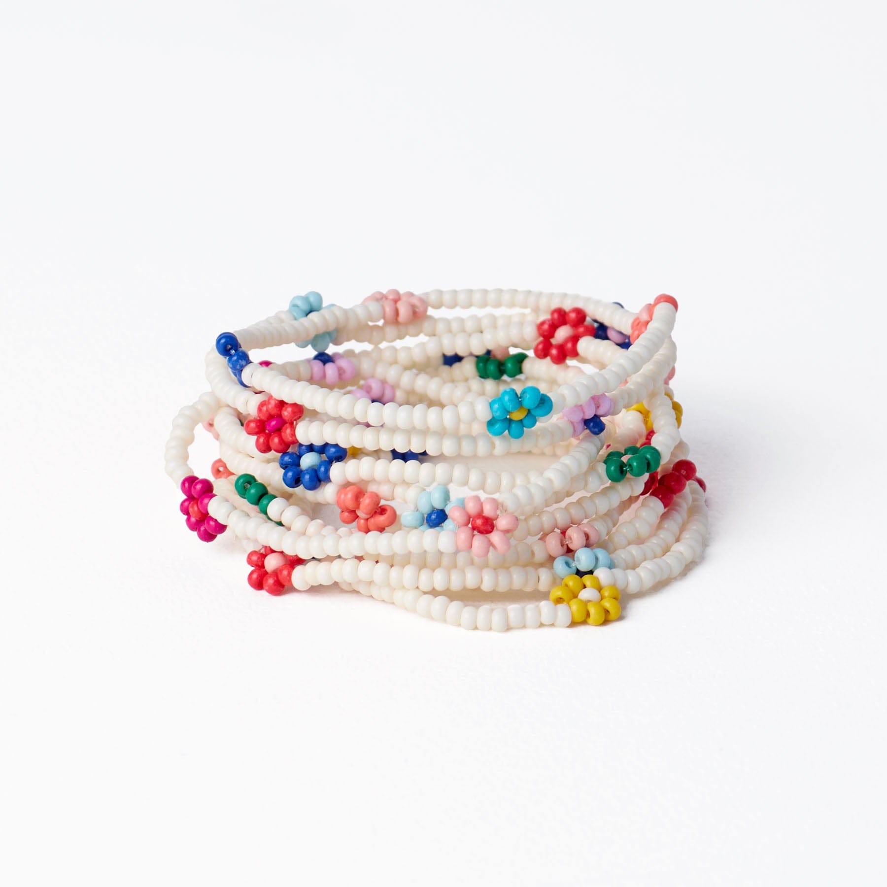 Sage Multi-Color Flower Beaded 10 Strand Stretch Bracelets Ivory Stack