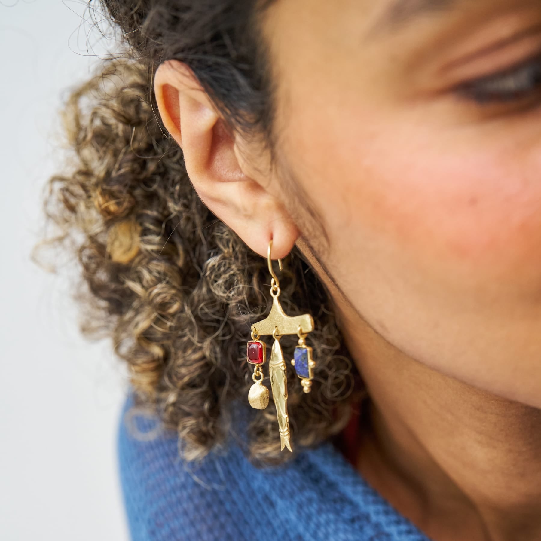 Sally Fish Glass + Lapis Stone Earrings Brass Dangle