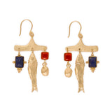 Sally Fish Glass + Lapis Stone Earrings Brass Dangle