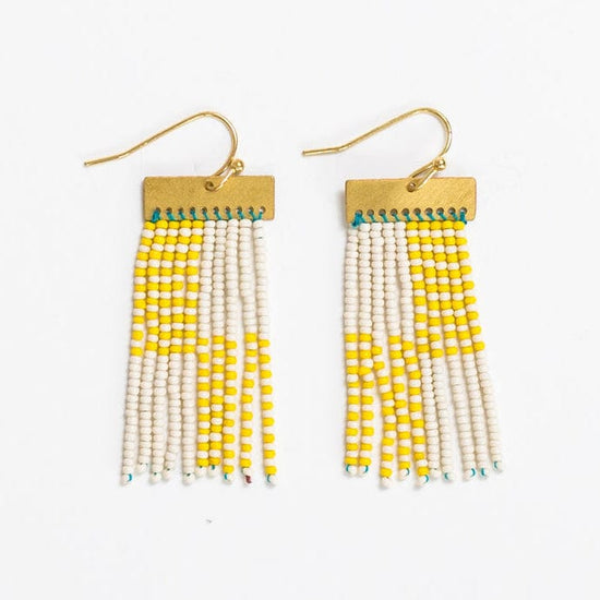 Load image into Gallery viewer, Scout Rectangle Hanger Blocks With Stripes Beaded Fringe Earrings Lemon
