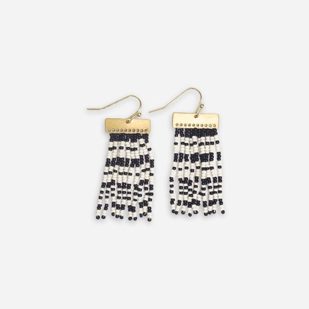 Scout Rectangle Hanger Mixed Horizontal Stripes Beaded Fringe Earrings Black and White Fringe Earrings