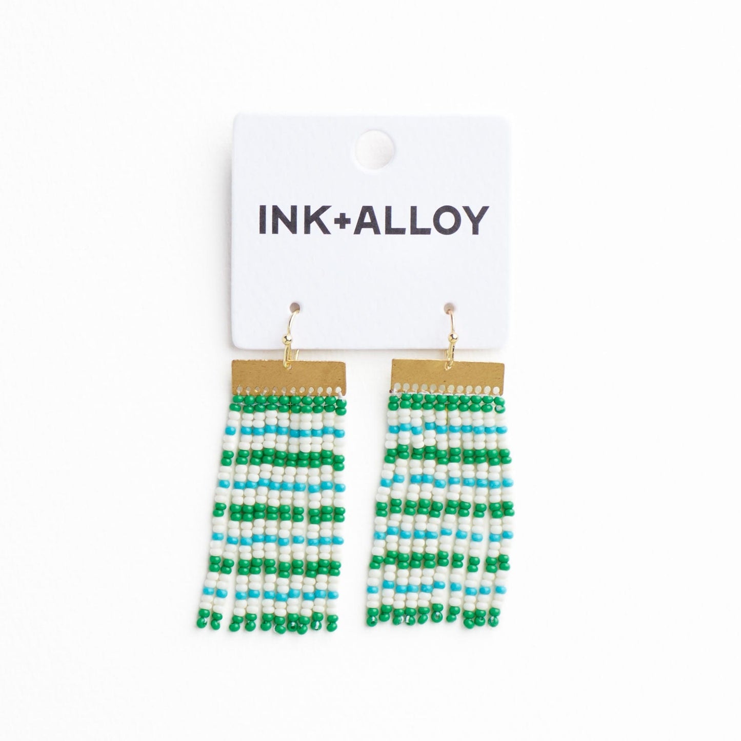 Scout Rectangle Hanger Mixed Horizontal Stripes Beaded Fringe Earrings Kelly Green + Aqua Fringe