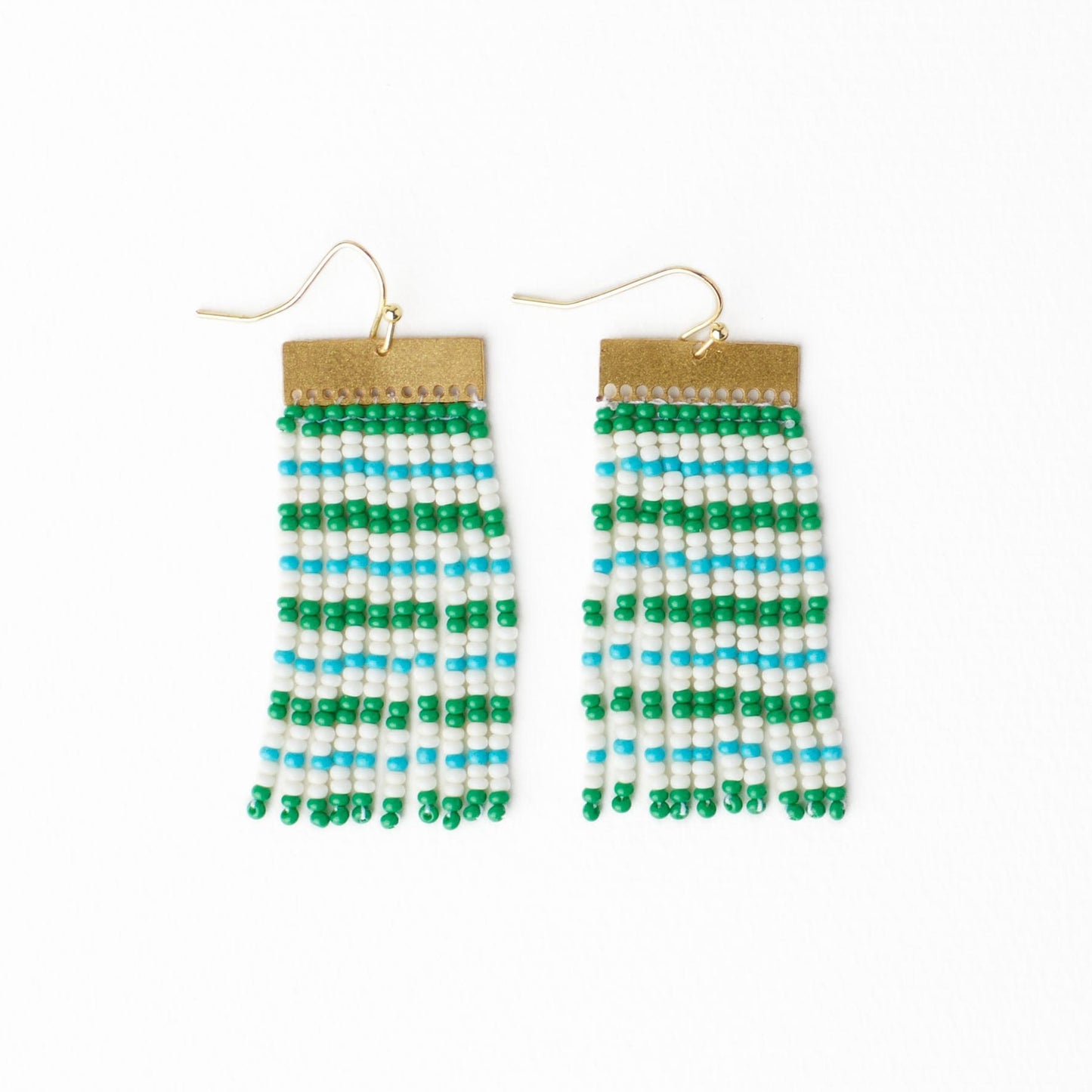 Scout Rectangle Hanger Mixed Horizontal Stripes Beaded Fringe Earrings Kelly Green + Aqua Fringe