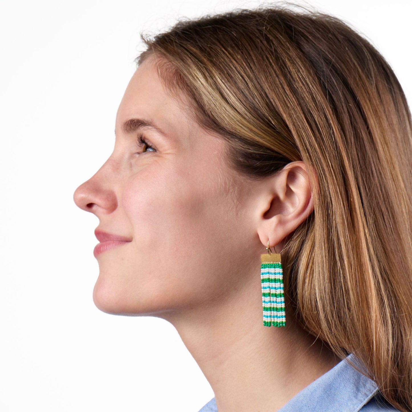 Scout Rectangle Hanger Mixed Horizontal Stripes Beaded Fringe Earrings Kelly Green + Aqua Fringe