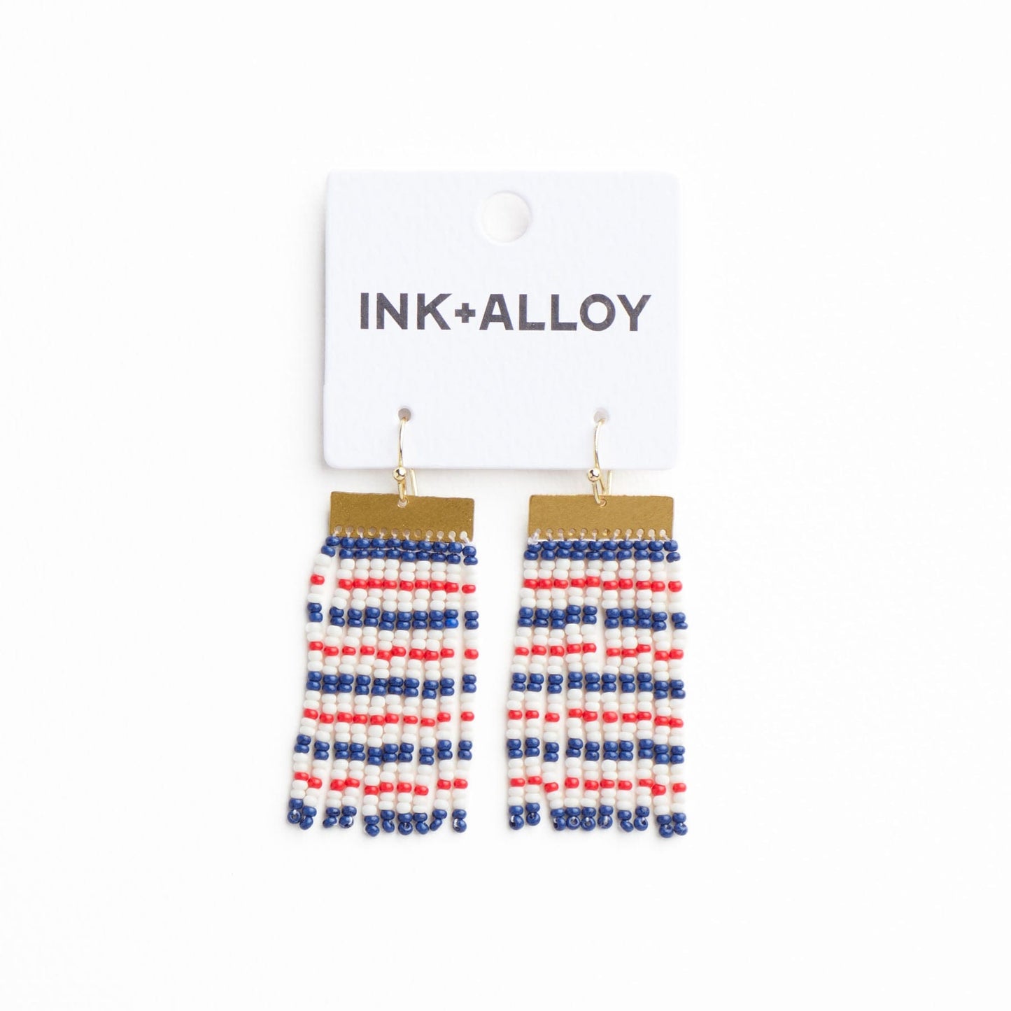 Scout Rectangle Hanger Mixed Horizontal Stripes Beaded Fringe Earrings Red + Navy Fringe