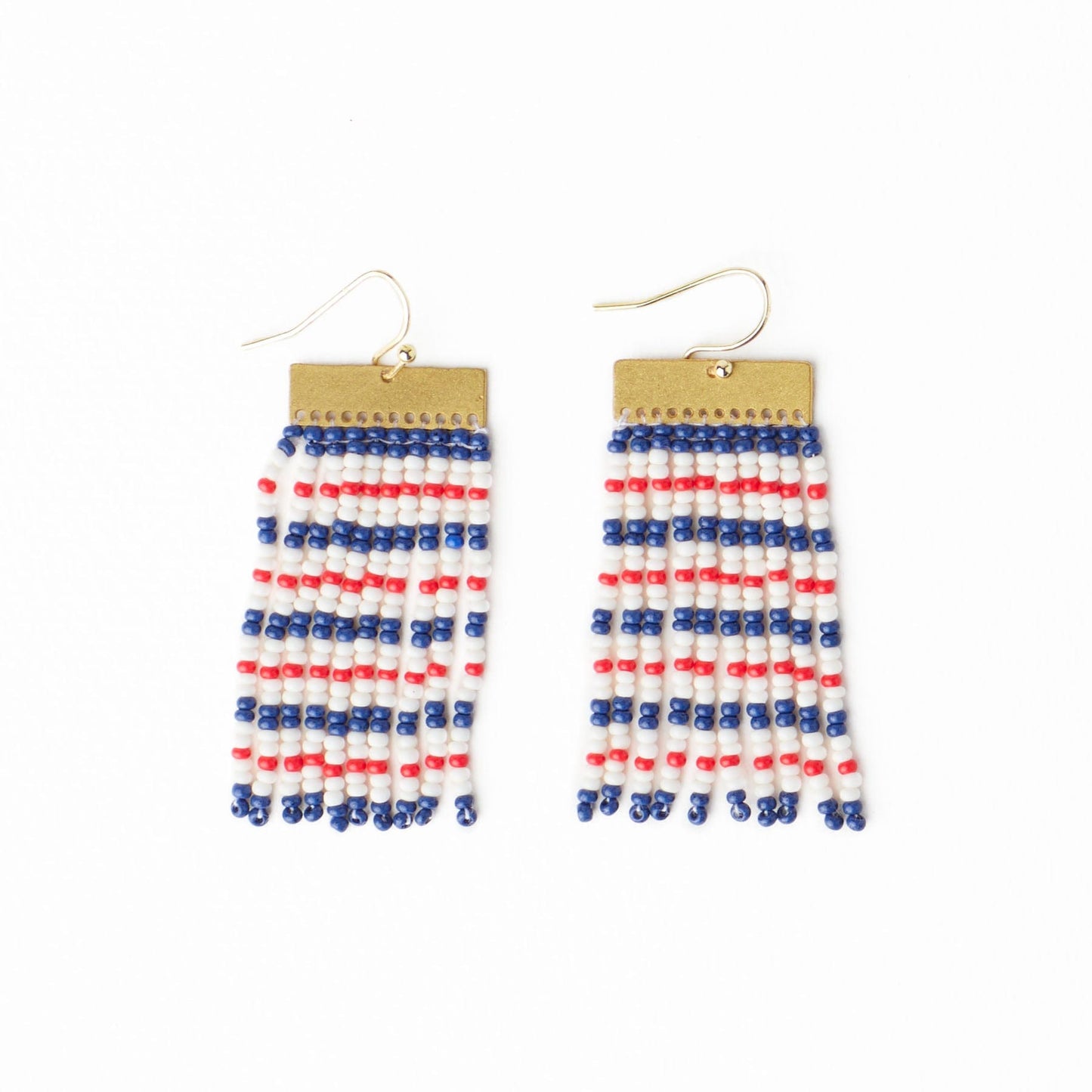 Scout Rectangle Hanger Mixed Horizontal Stripes Beaded Fringe Earrings Red + Navy Fringe
