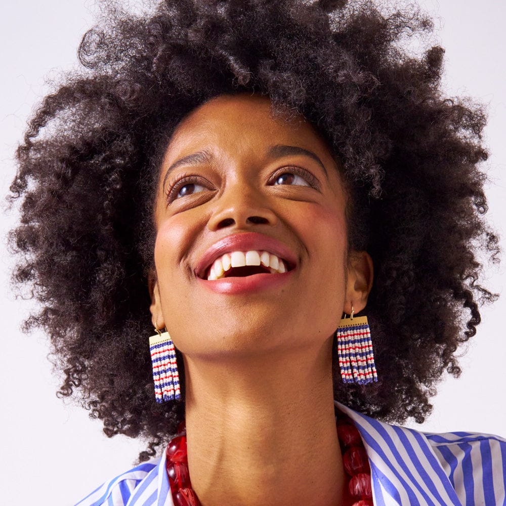 Scout Rectangle Hanger Mixed Horizontal Stripes Beaded Fringe Earrings Red + Navy Fringe