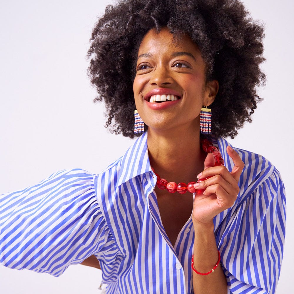 Scout Rectangle Hanger Mixed Horizontal Stripes Beaded Fringe Earrings Red + Navy Fringe