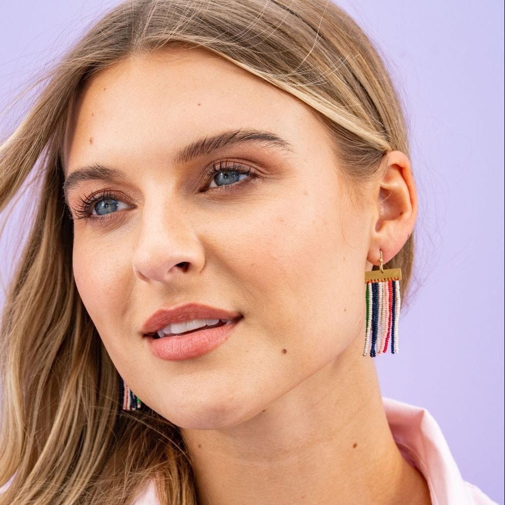 Scout Rectangle Hanger Solid Vertical Stripes Beaded Fringe Earrings St. Tropez