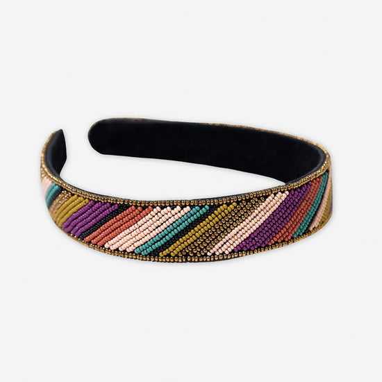 Stevie Diagonal Striped Beaded Headband Jewel Tone Hair Accessory