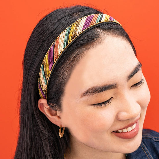 Stevie Diagonal Striped Beaded Headband Jewel Tone Hair Accessory