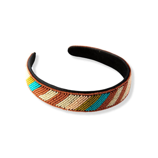 Stevie Diagonal Striped Beaded Headband Rust and Turquoise Hair Accessory