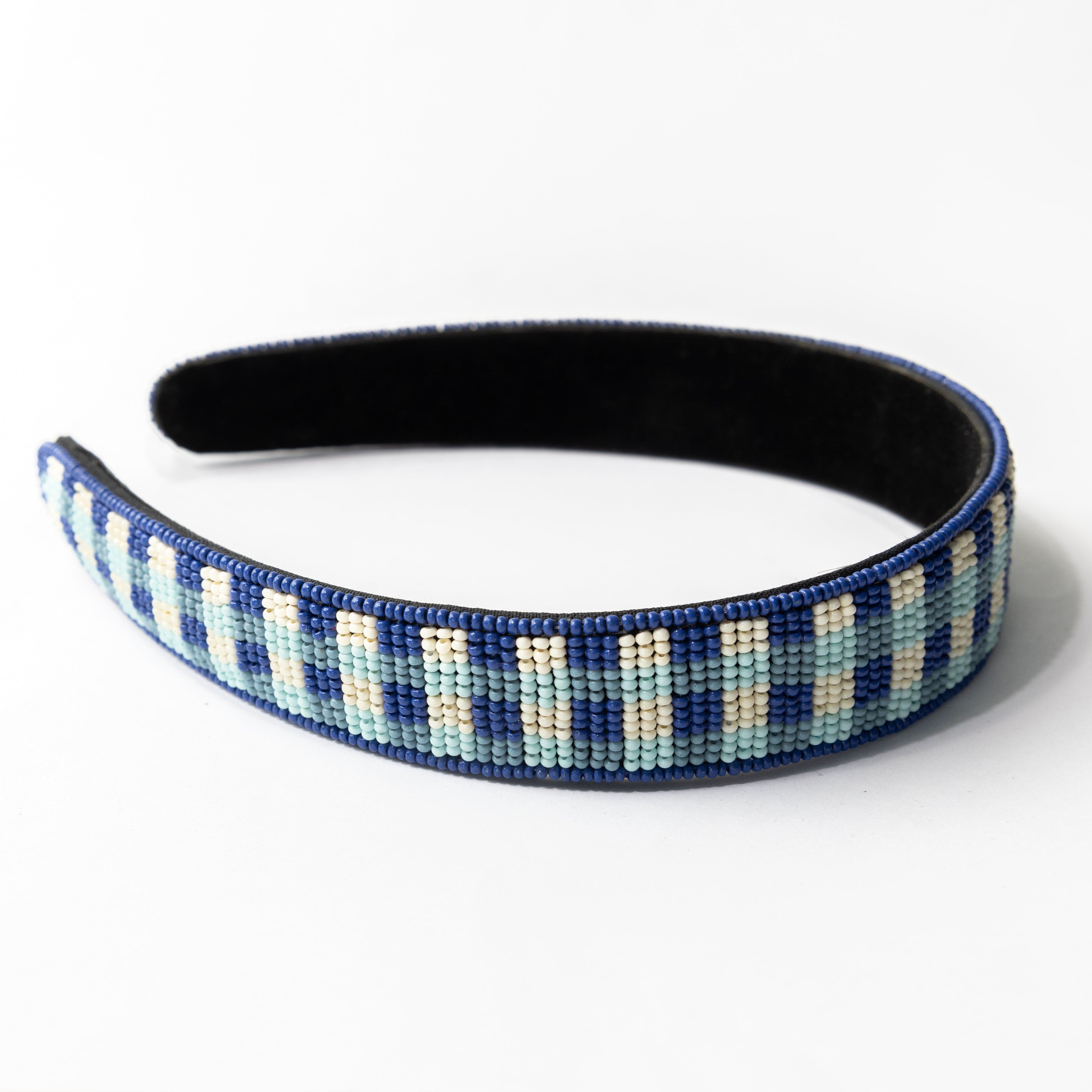 Stevie Gingham Beaded Headband Blue Headband