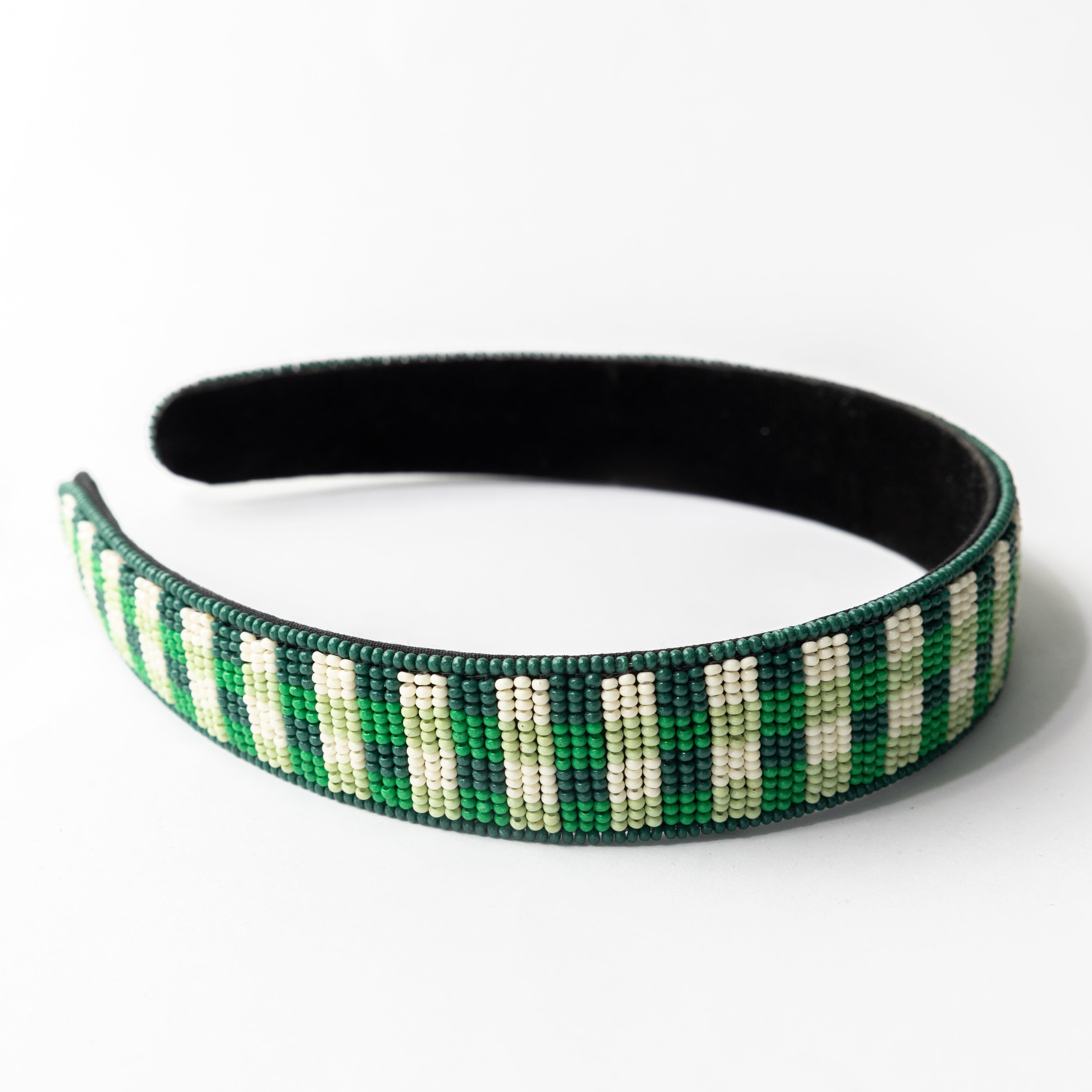 Stevie Gingham Beaded Headband Green Headband