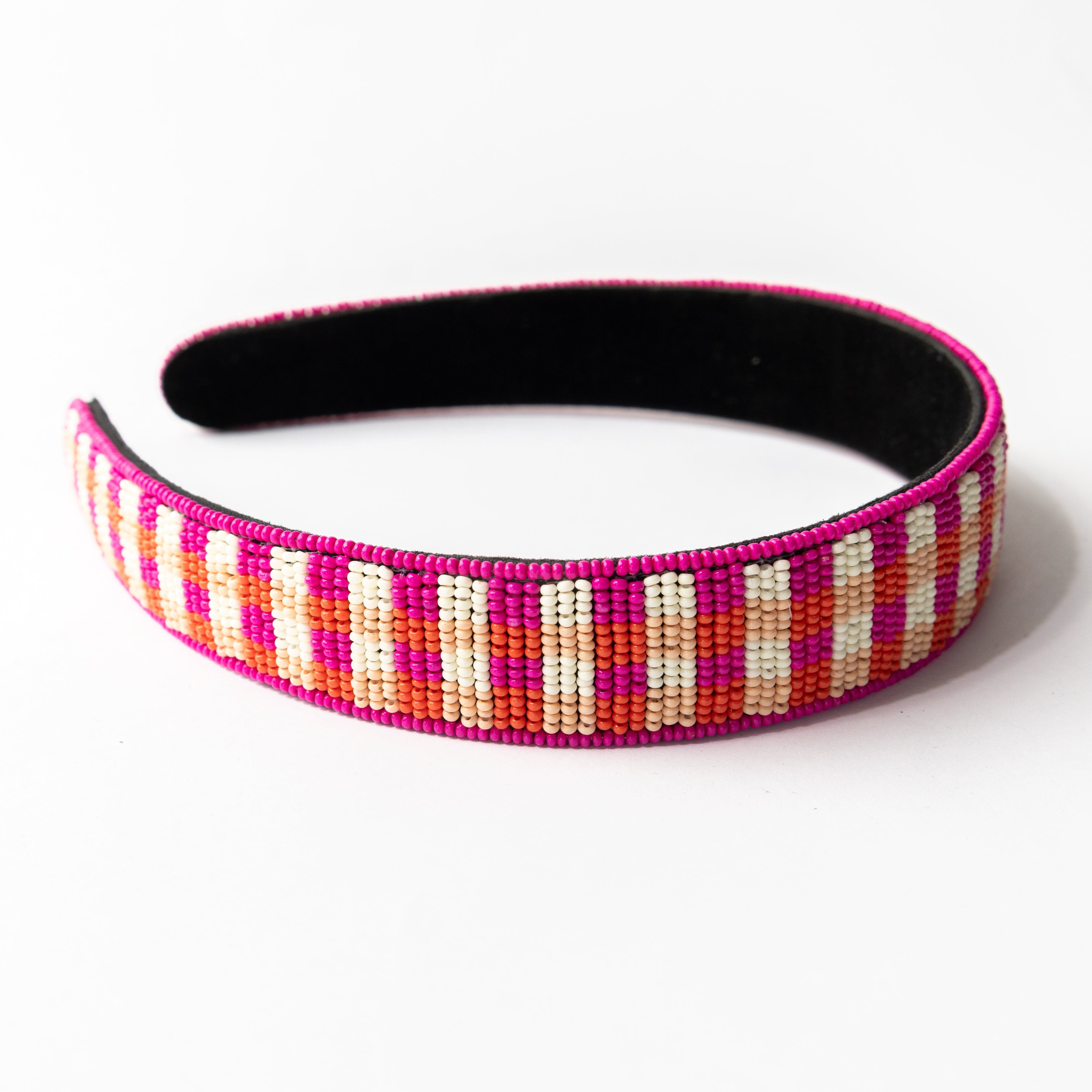 Stevie Gingham Beaded Headband Pink Headband