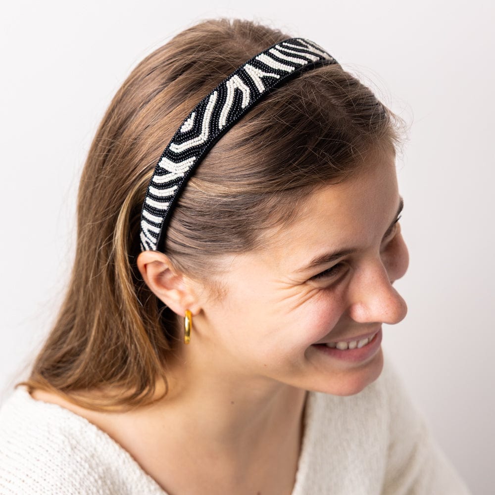Stevie Zebra Print Beaded Headband Black + Ivory Headband