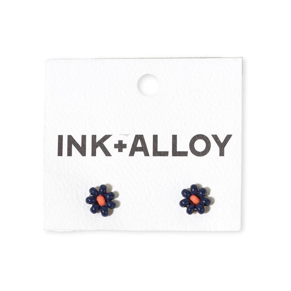 Tina two color beaded post earrings navy + orange