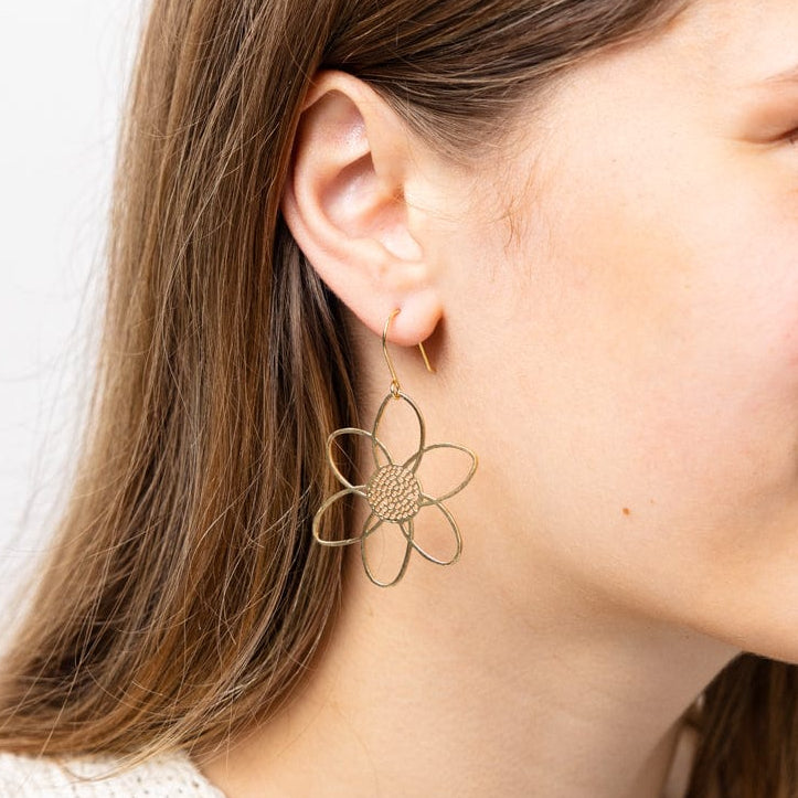 Twiggy Open Petals Flower Drop Earrings Brass