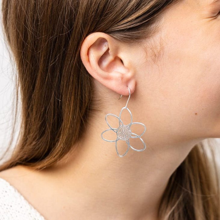 Twiggy Open Petals Flower Drop Earrings Silver Drop