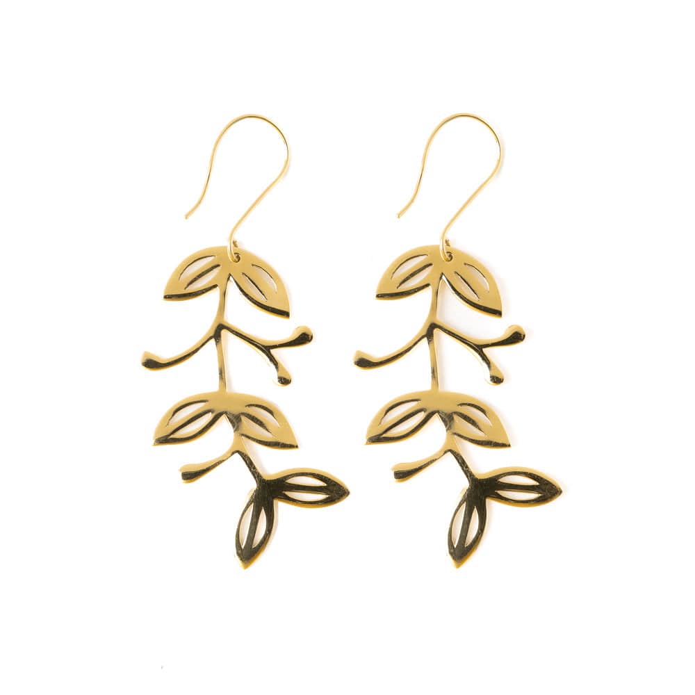 Vera Abstract Leaves Botanical Threader Earrings Brass Drop