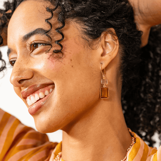 Veronica Two Tone Color Cut Glass Dangle Earring Amber Drop