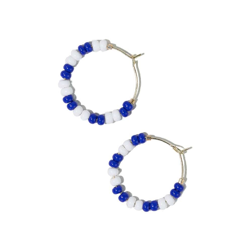 Victoria Mixed Seed Bead Hoop Earrings Blue + White