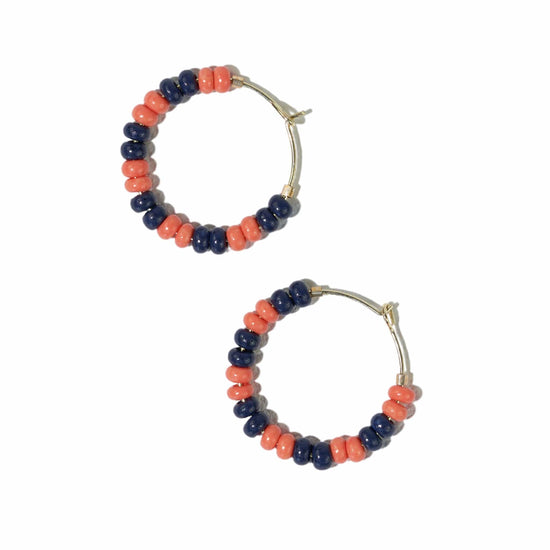 Load image into Gallery viewer, Victoria mixed seed bead hoop earrings navy + coral
