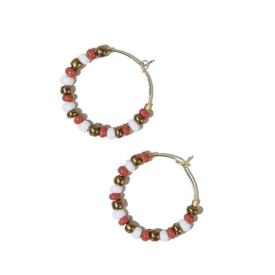 Load image into Gallery viewer, Victoria mixed seed bead hoop earrings white + rust

