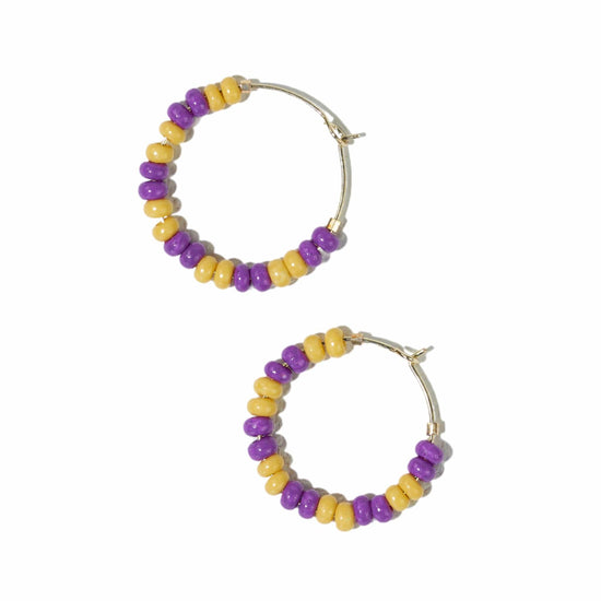 Victoria mixed seed bead hoop earrings yellow + purple