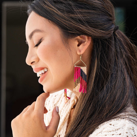 Whitney Chevron Beaded Fringe Earrings Hot Pink Earrings