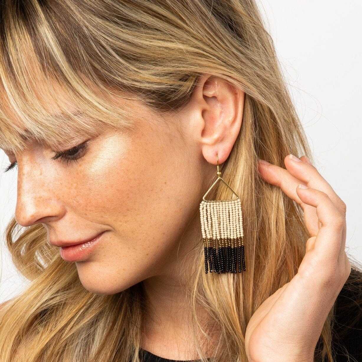 Whitney Color Block Stripe Beaded Fringe Earrings Black Earrings