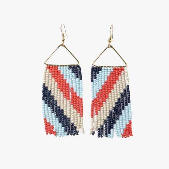 Whitney Diagonal Stripe Beaded Fringe Earrings Blue and Red Earrings