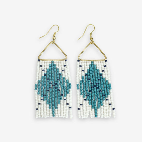 Whitney Game Day Argyle Beaded Fringe Earrings Light Blue and White