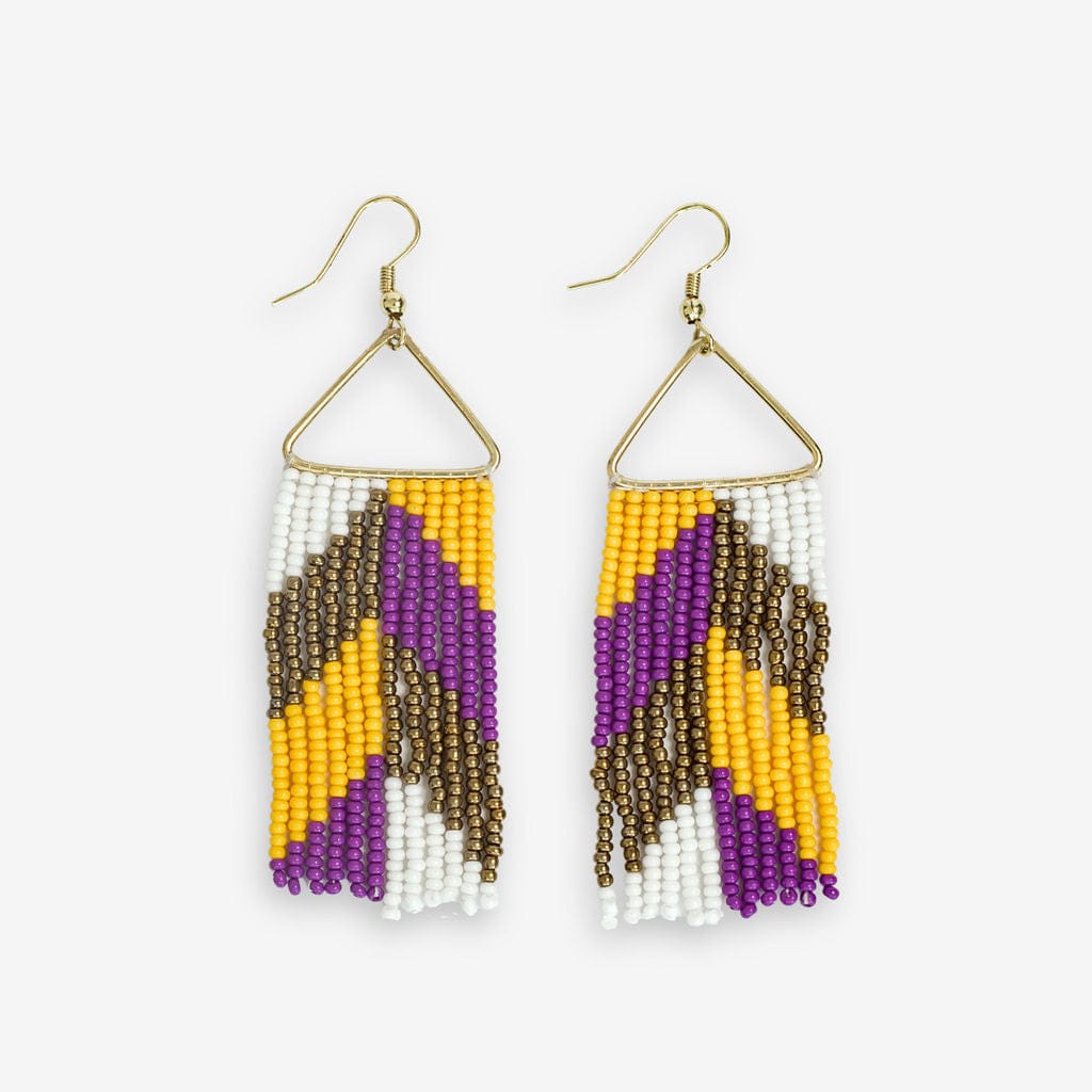 Whitney Game Day Chevron Beaded Fringe Earrings Purple and Yellow