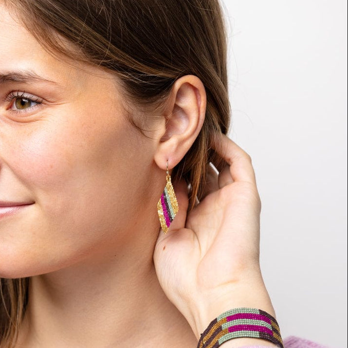 Zelda Diagonal Stripes Beaded Diamond Drop Earrings Magenta and Gold Drop