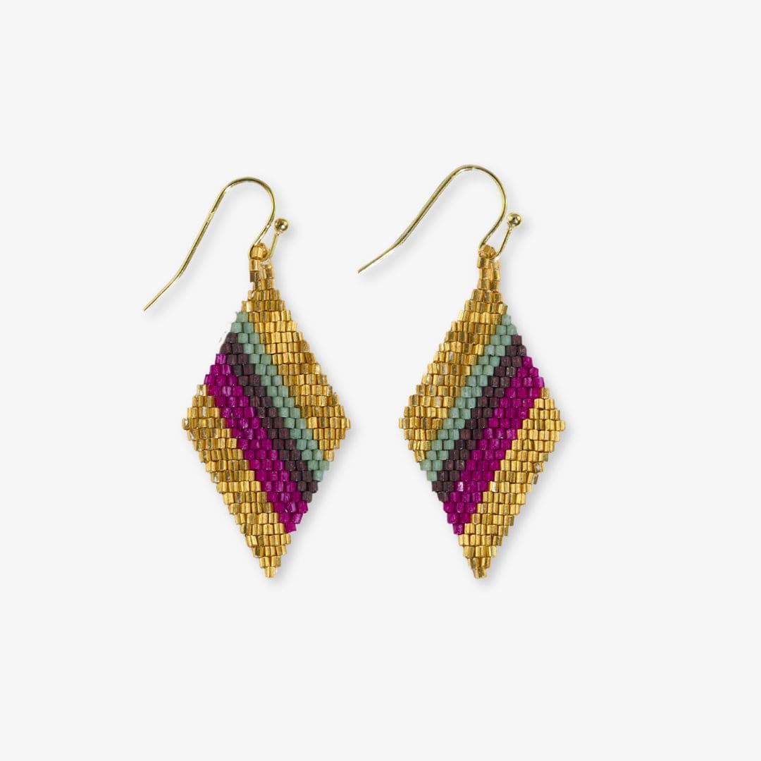 Zelda Diagonal Stripes Beaded Diamond Drop Earrings Magenta and Gold DROP