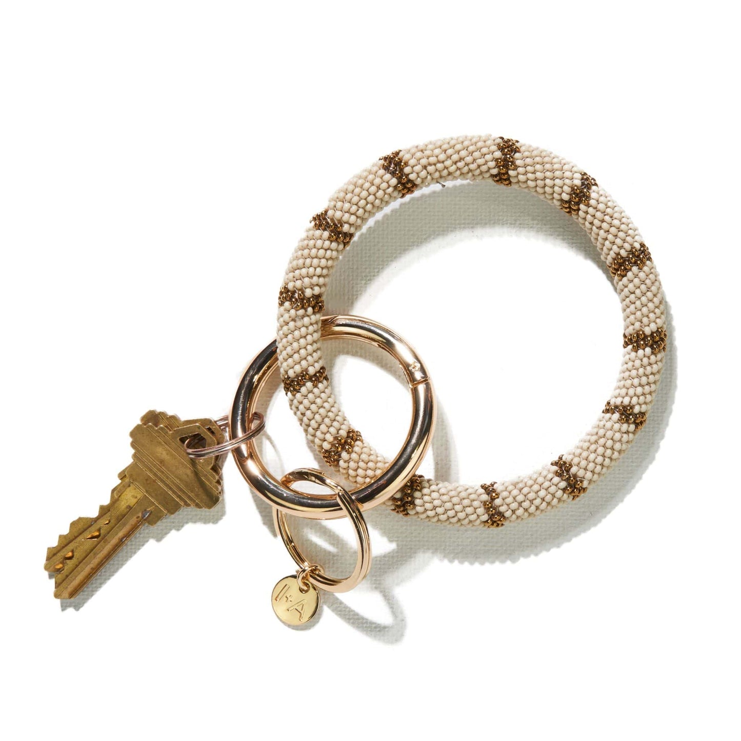 Load image into Gallery viewer, Ivory Gold Stripe Seed Bead Key Ring key rings + bag accessories
