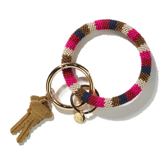 Hot Pink Navy Gold Stripe Seed Bead Key Ring key rings + bag accessories