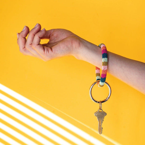 Load image into Gallery viewer, Pink Citron Peacock Stripe Seed Bead Key Ring Key Rings
