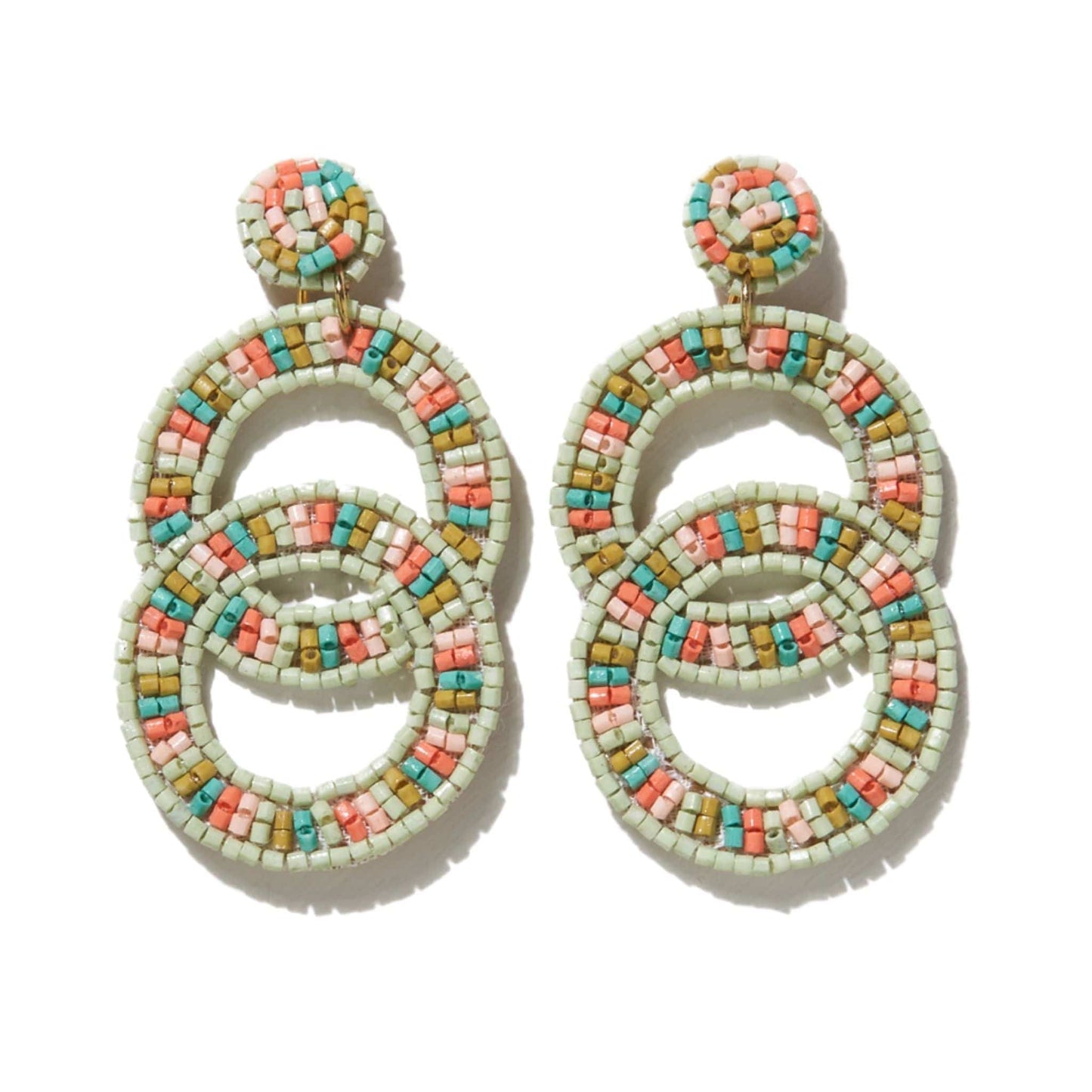 Coral Mint Double Circle Bead Embroidered Post Earringss Earrings