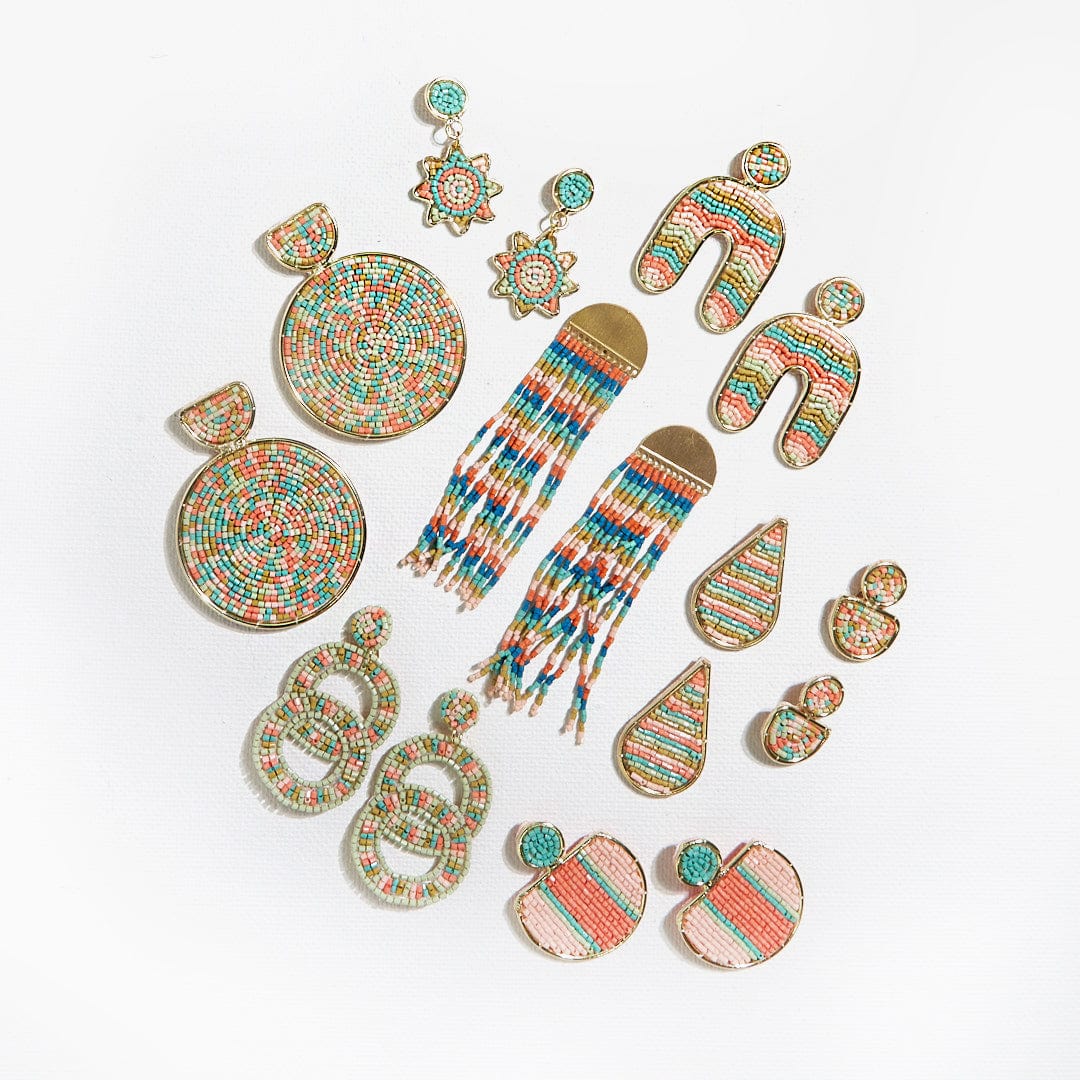 Load image into Gallery viewer, Coral Mint Stripe Beaded Embroidered Drop Post Earringss Earrings
