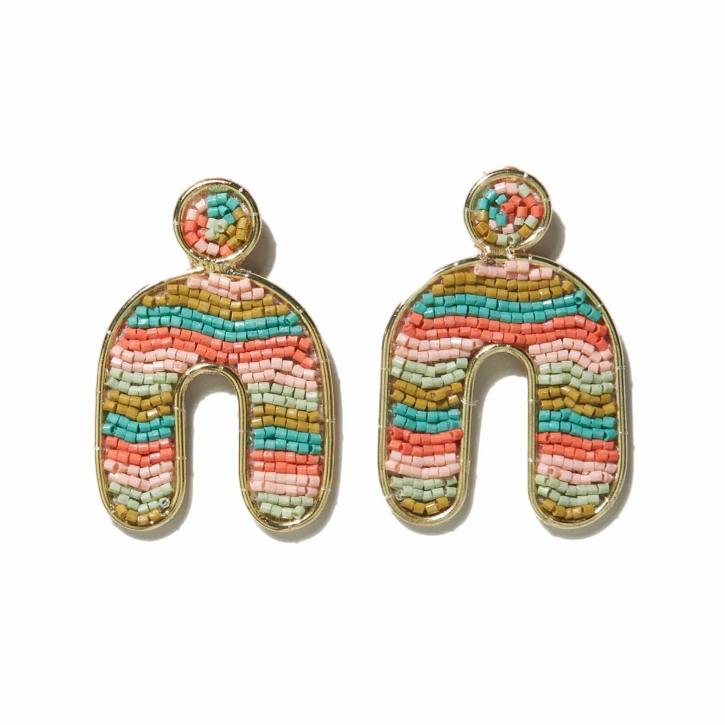 Load image into Gallery viewer, Coral Mint Brass Frame Rainbow With Beaded Post Earringss Earrings
