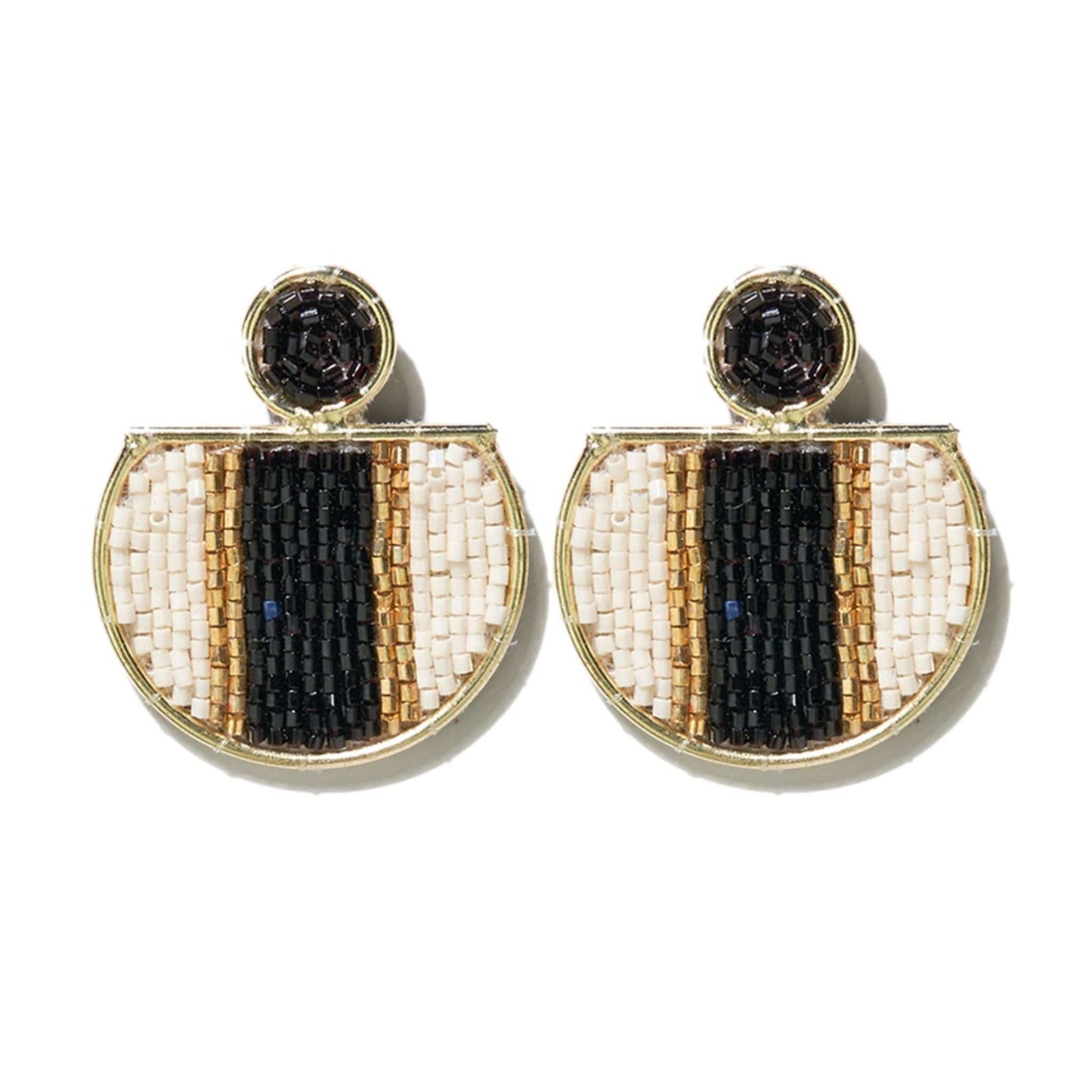 Ivory Black Gold Brass Beaded Cut Circle Earringss Earrings