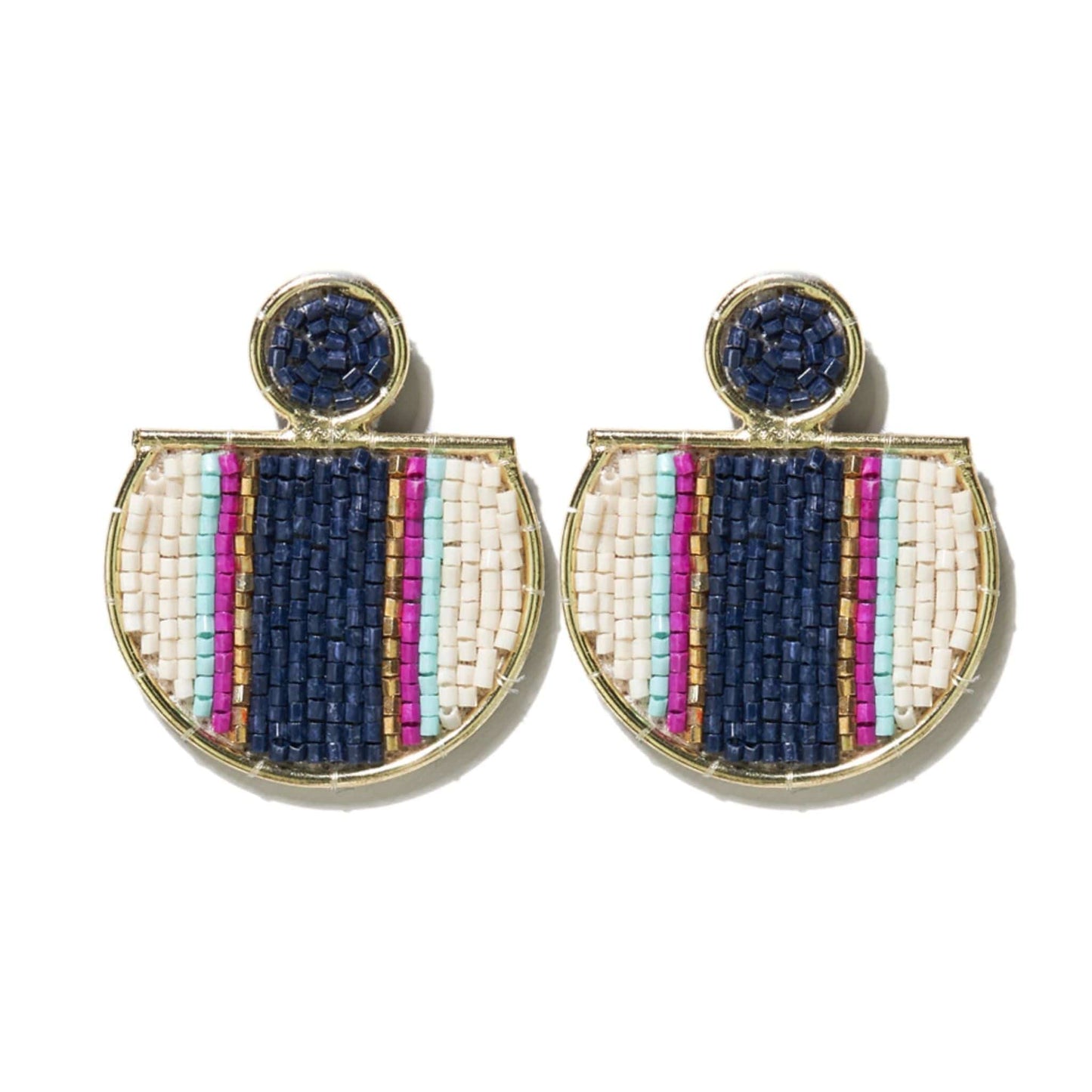 Navy Magenta Brass Beaded Cut Circle Earringss Earrings
