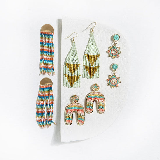 Load image into Gallery viewer, Coral Peacock Fringe Beads Brass Half Circle Post Earringss Earrings
