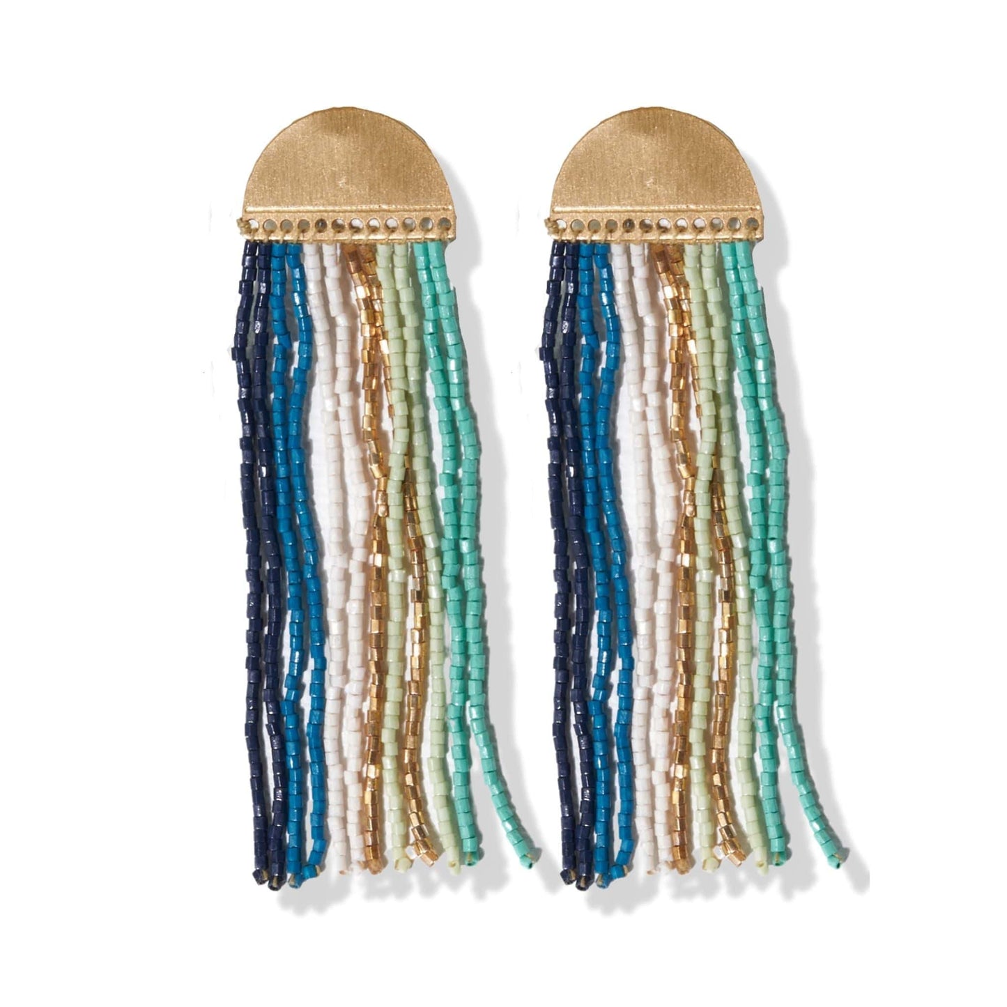 Teal Stripe Fringe Beads Brass Half Circle Post Earrings earrings
