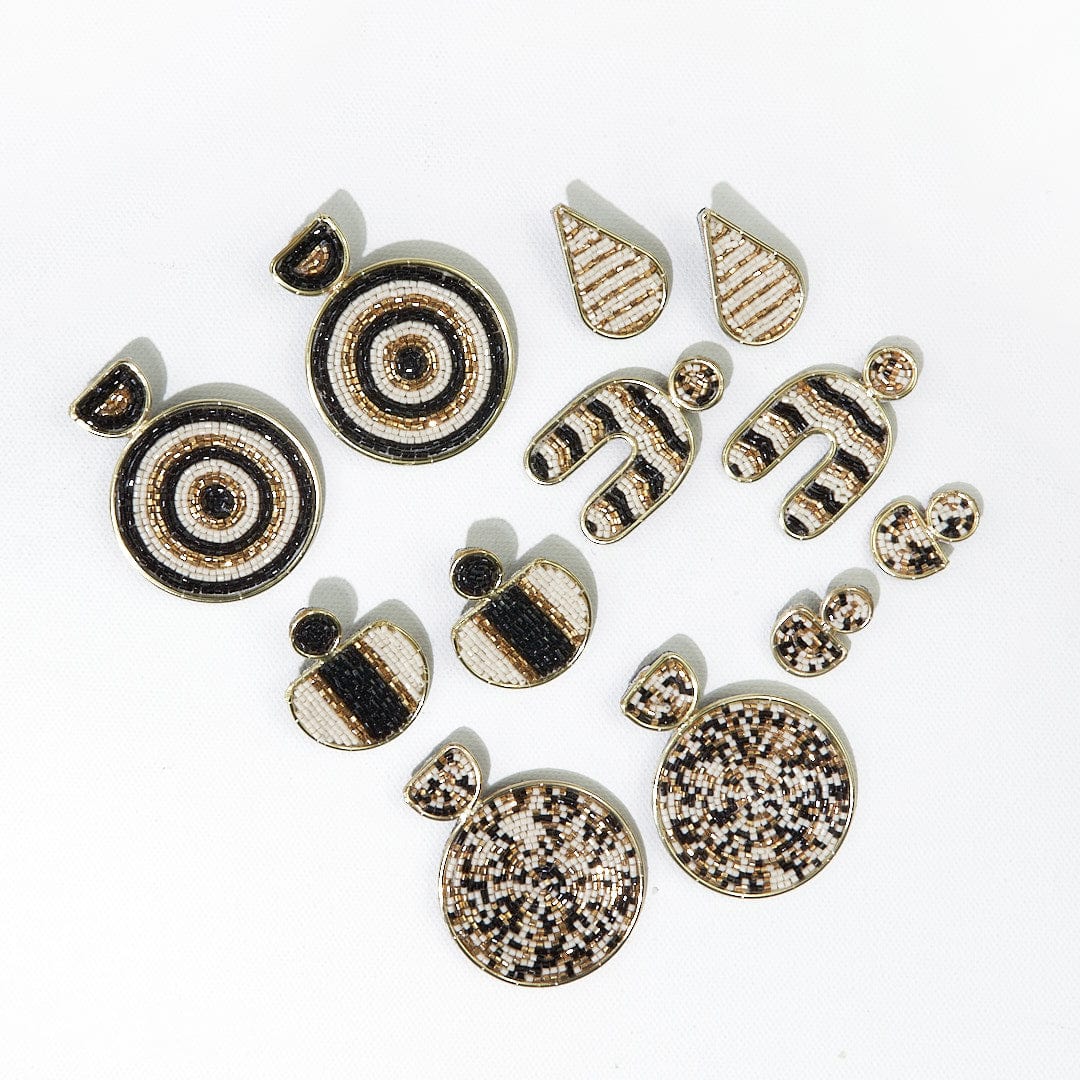 Black Ivory Confetti Beads Brass Half Circle Post Earringss Earrings