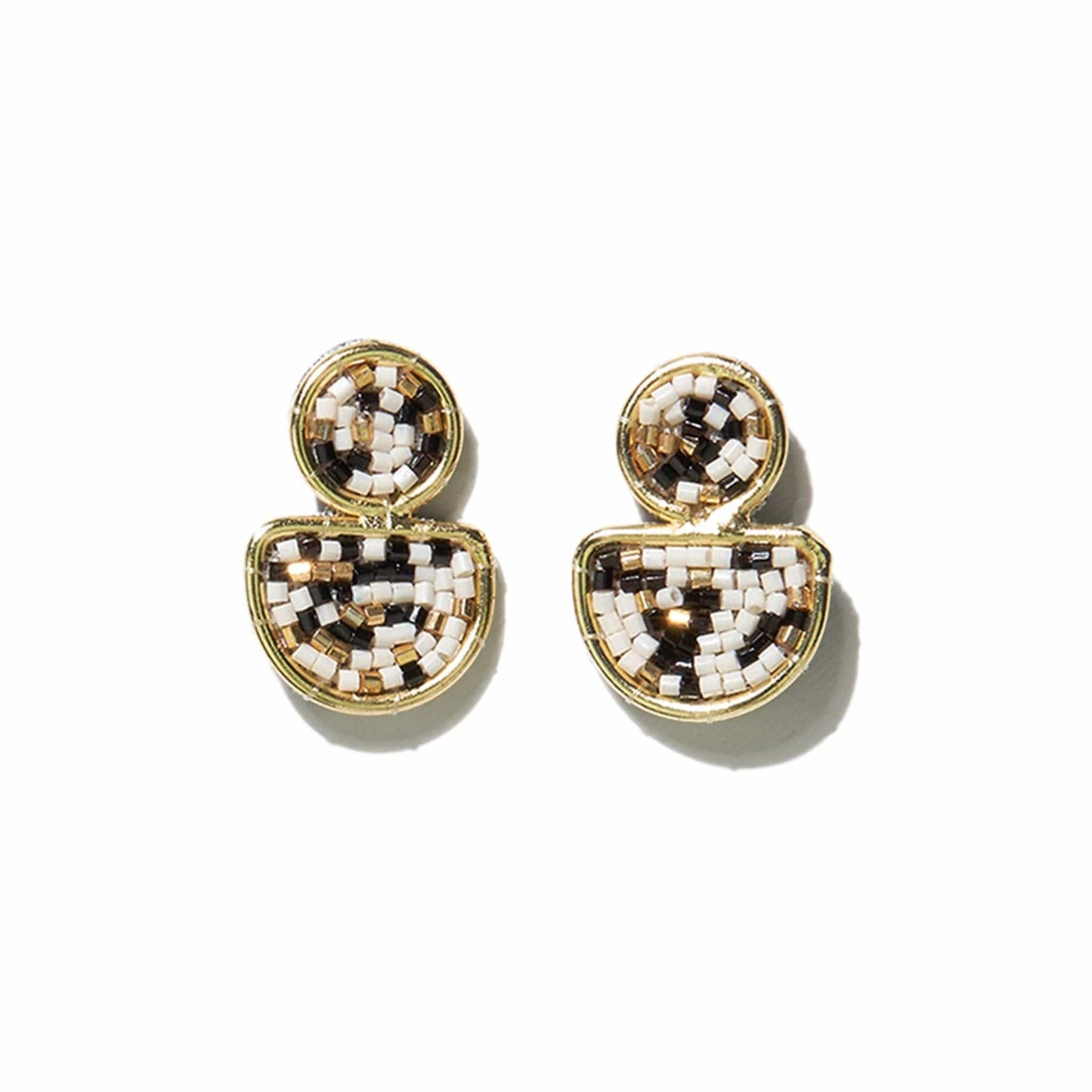 Black Ivory Confetti Beads Brass Half Circle Post Earringss Earrings