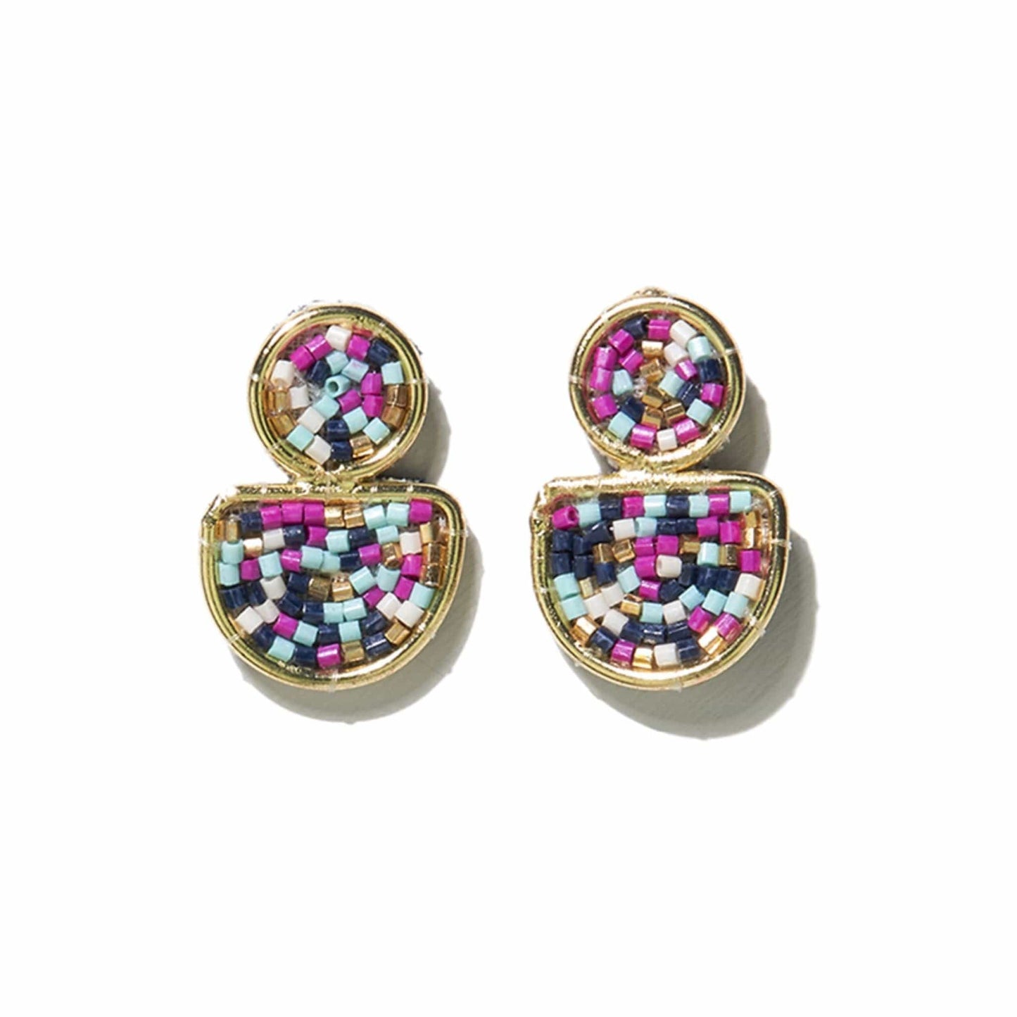 Navy Magenta Confetti Beads Brass Half Circle Post Earringss Earrings